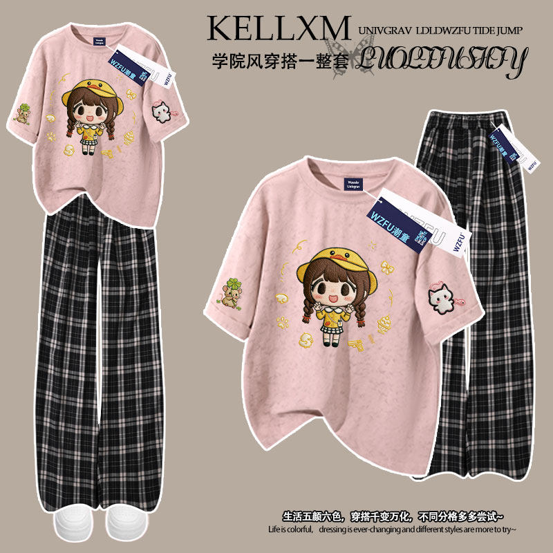 女童纯棉扎染短袖T恤格子裤夏季款仿刺绣卡通中大童学院风两件套
