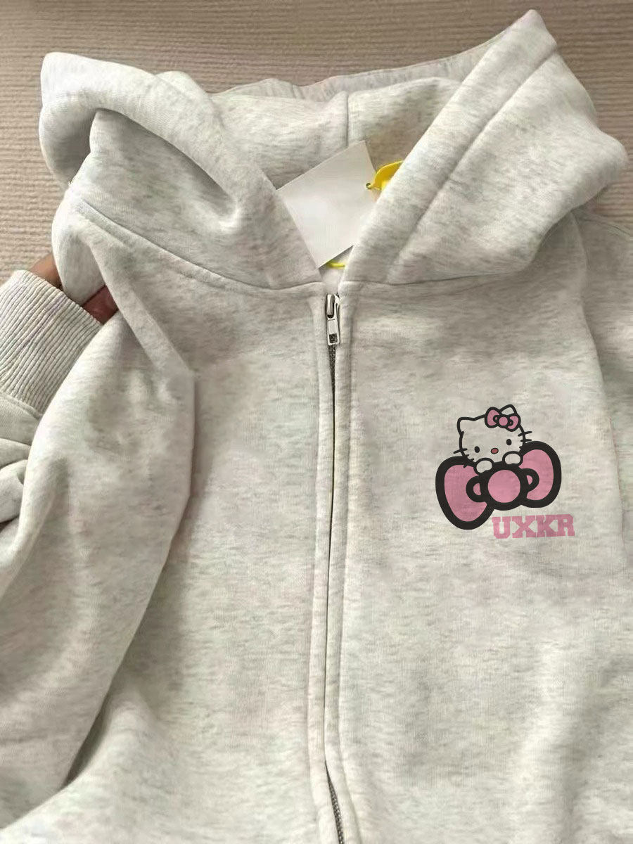 男女童连帽开衫拉链卫衣秋冬装卡通小猫印花中大儿童加绒加厚外套