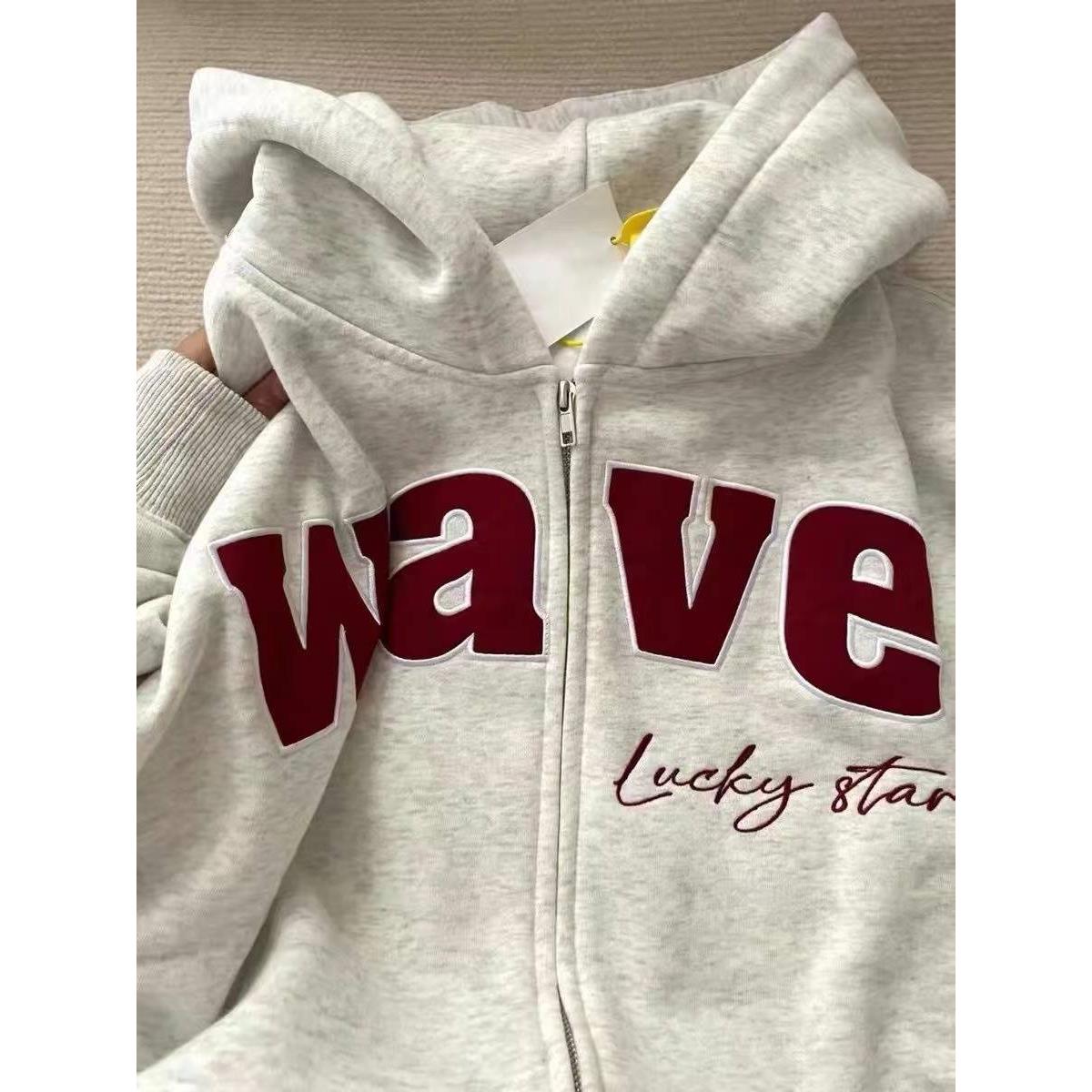 美式复古加绒连帽卫衣女秋冬2023新款宽松oversize字母刺绣外套潮