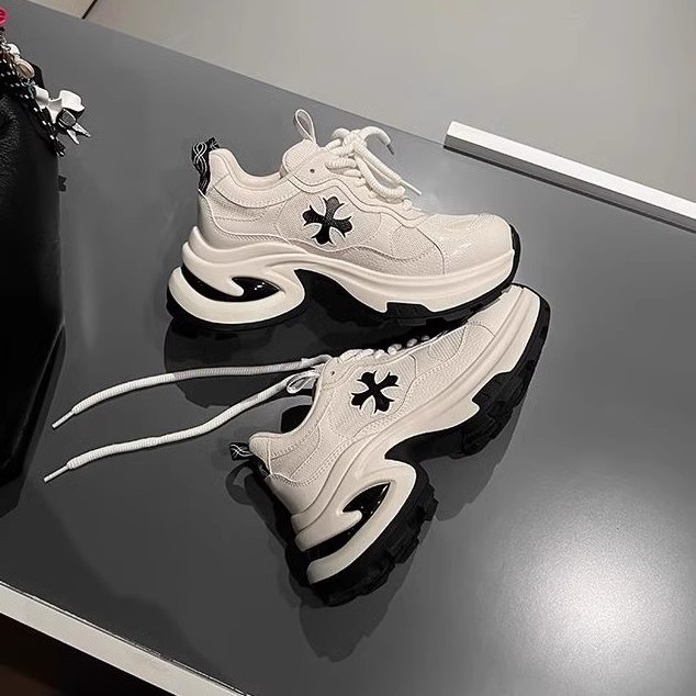 厚底老爹鞋女款2025新款春季透气网面真皮休闲运动小个子增高