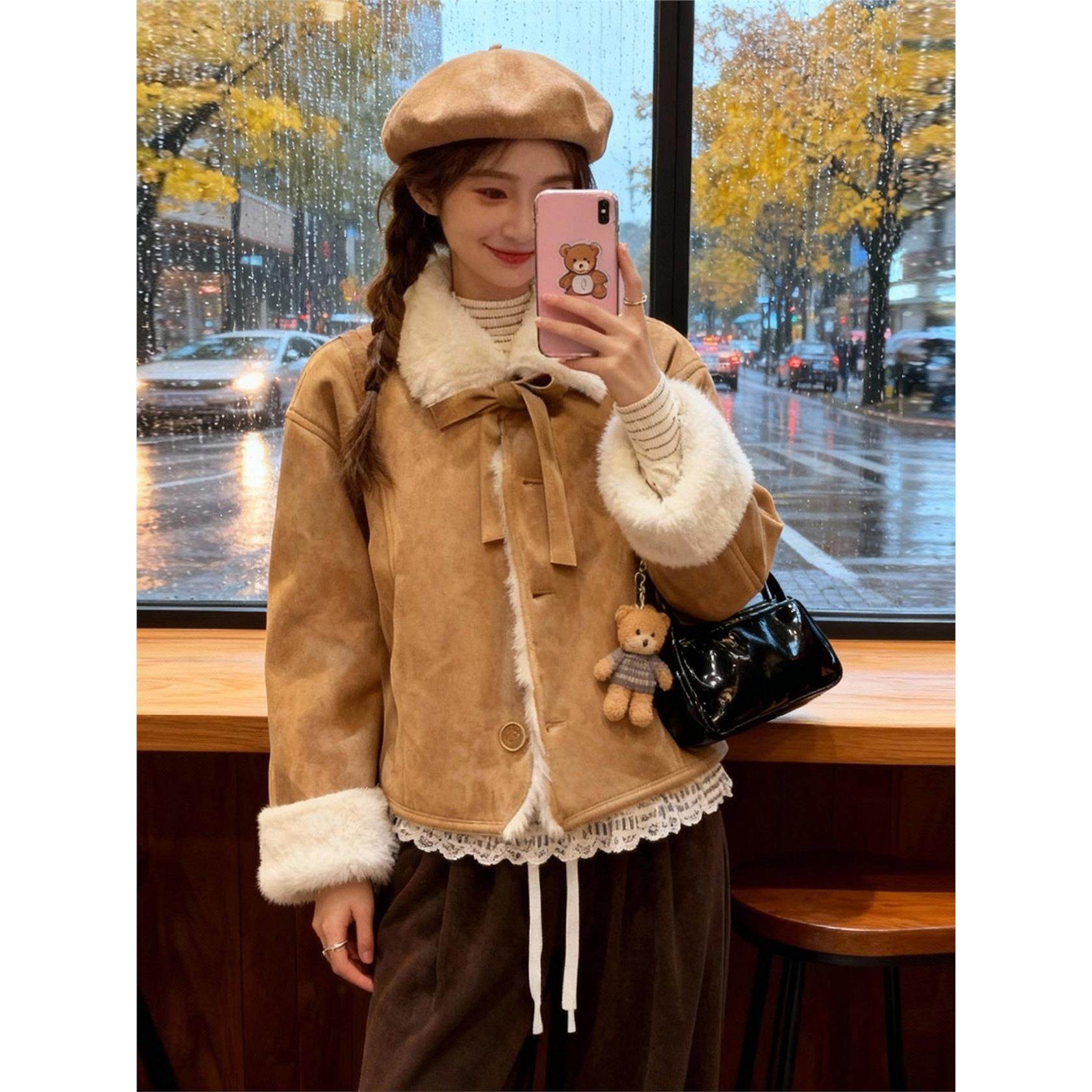 棕色麂皮绒外套女短款冬季新款洋气羊羔毛皮毛一体小个子毛绒上衣,个性定制/设计服务/DIY,棉服工装,淘宝优惠券,粉丝福利购,淘宝优惠卷