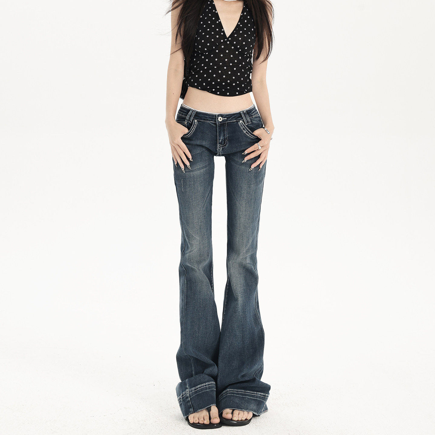 易梦玲同款低腰牛仔裤女美式深蓝色辣妹显瘦设计感拖地微喇叭裤子,个性定制/设计服务/DIY,棉服工装,淘宝优惠券,粉丝福利购,淘宝优惠卷