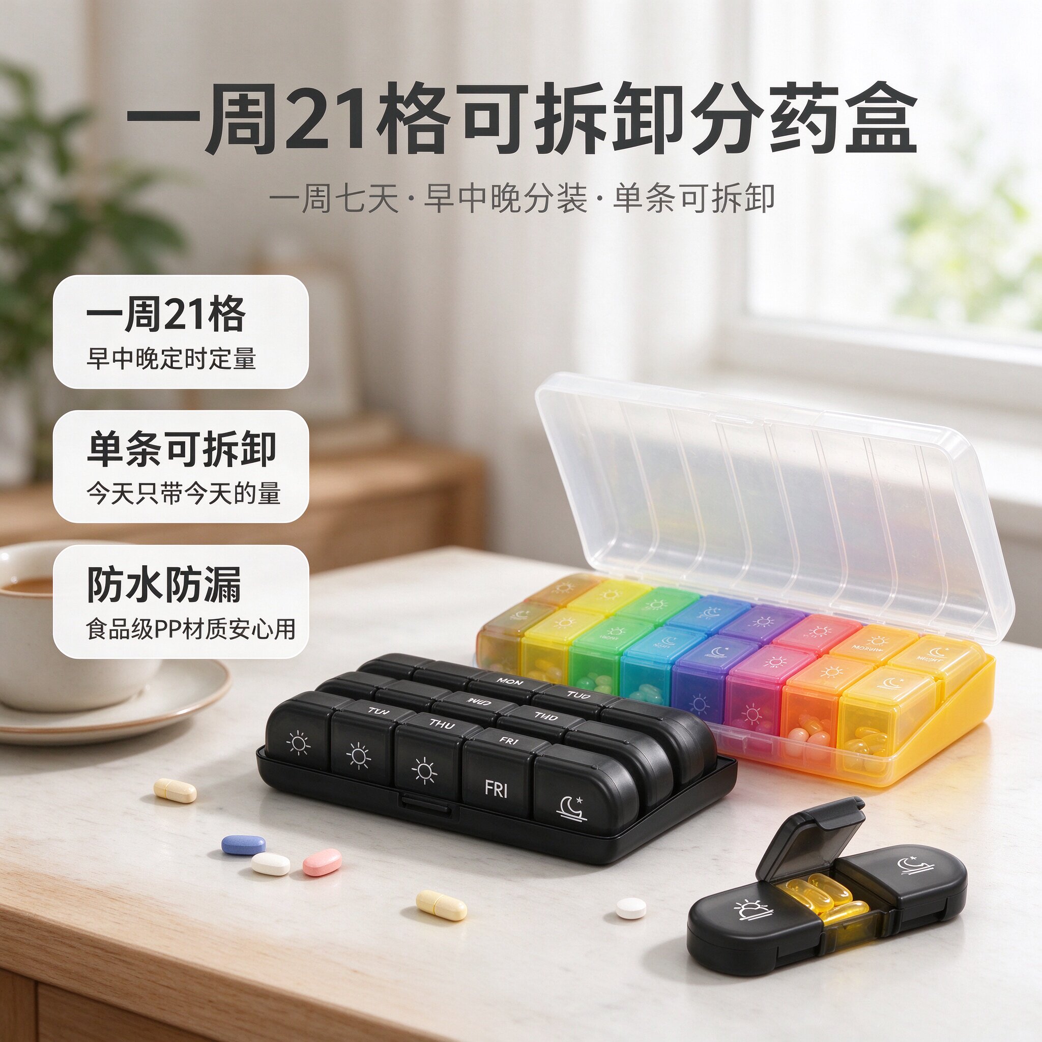 21格可拆卸分药盒早中晚分装随身带食品级PP防水防漏七天药盒