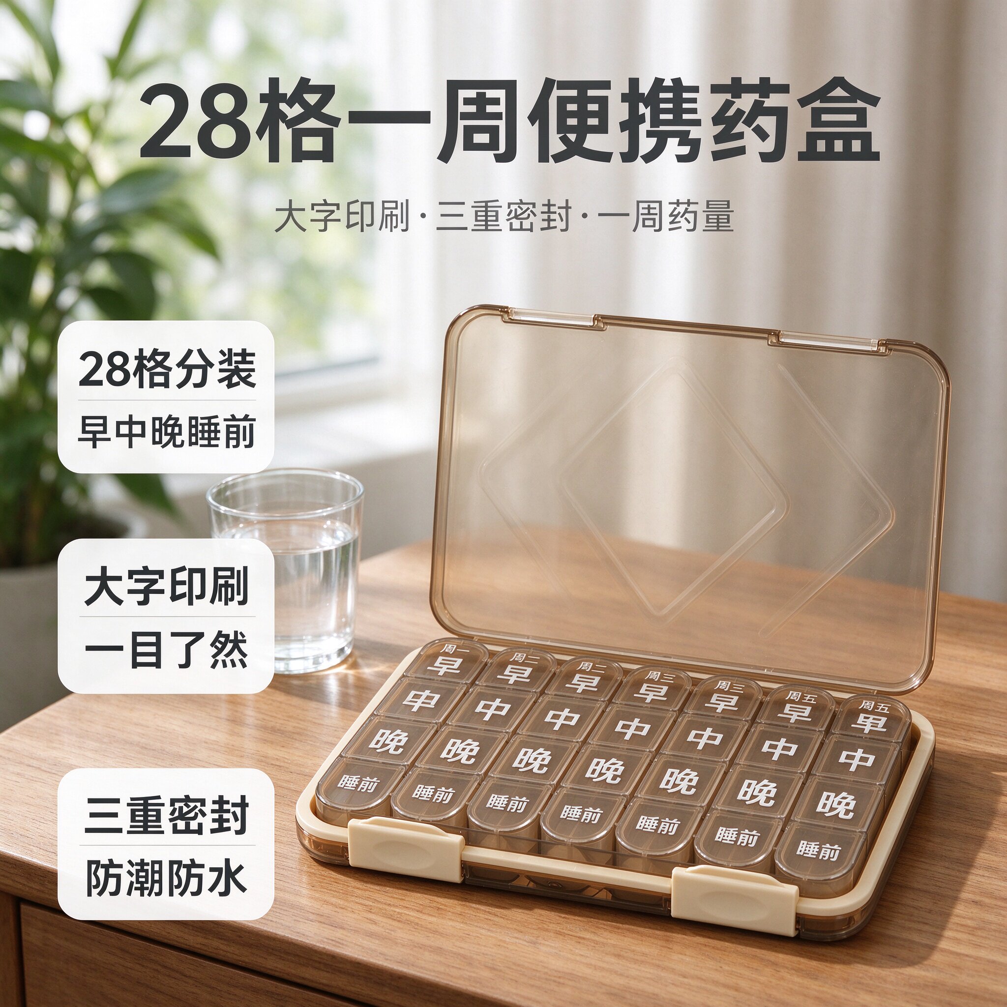 便携药盒一周 7天 28 格早中晚睡前大字印刷三重密封防潮老人旅行