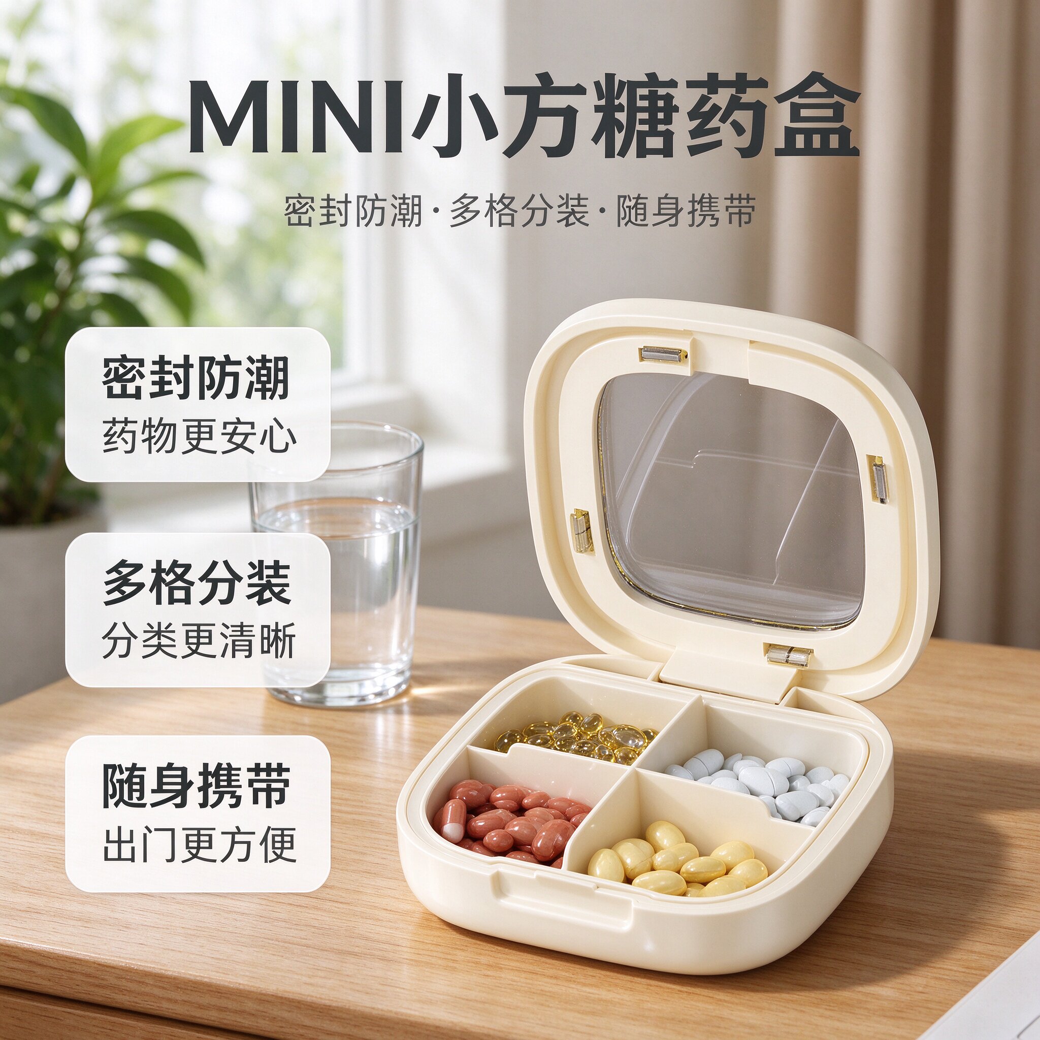 新款随身小药盒便携 4/6 分格密封防潮透明翻盖迷你老人旅行出差