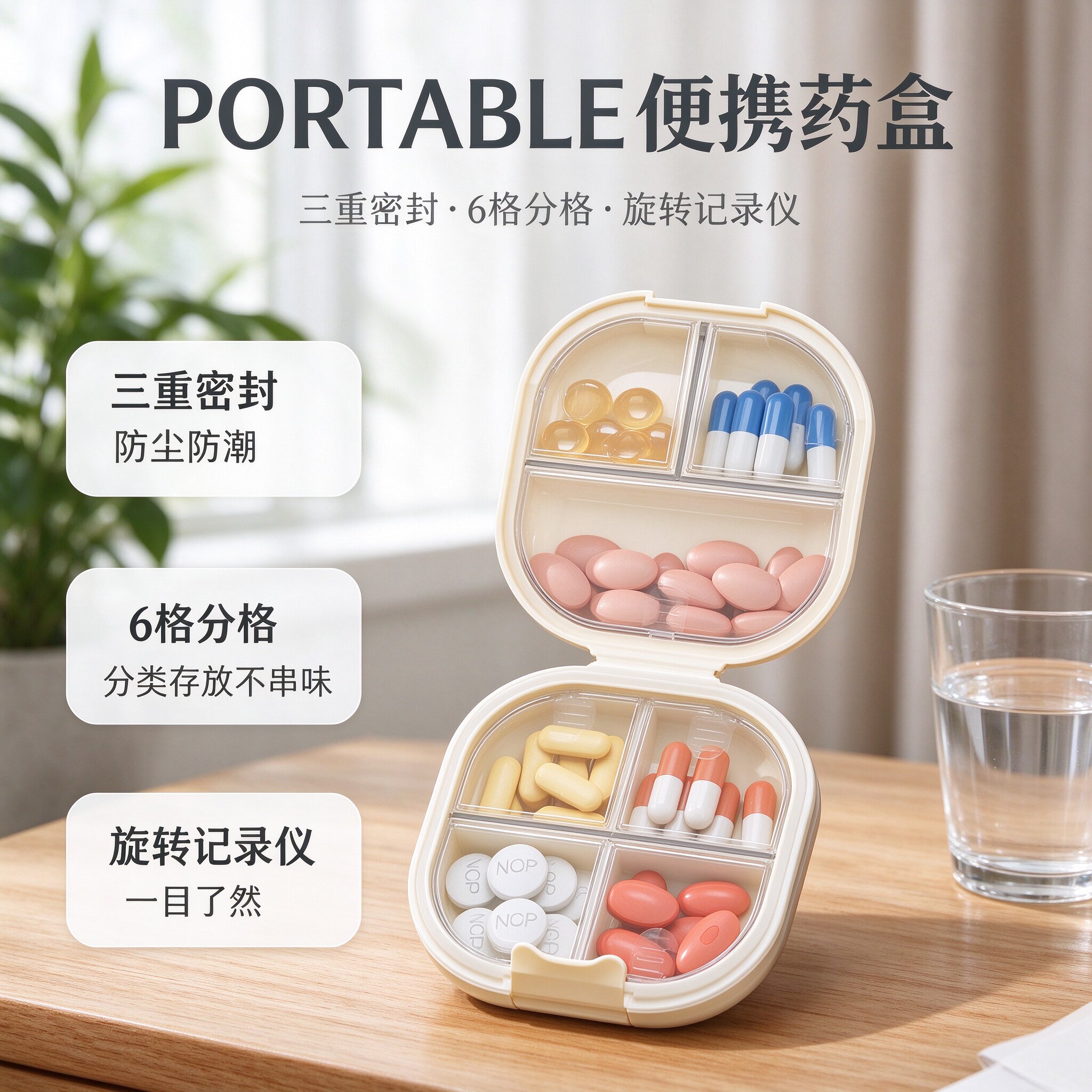 便携药盒旋转记录仪 6 格分格三重密封多种配色老人旅行随身带药