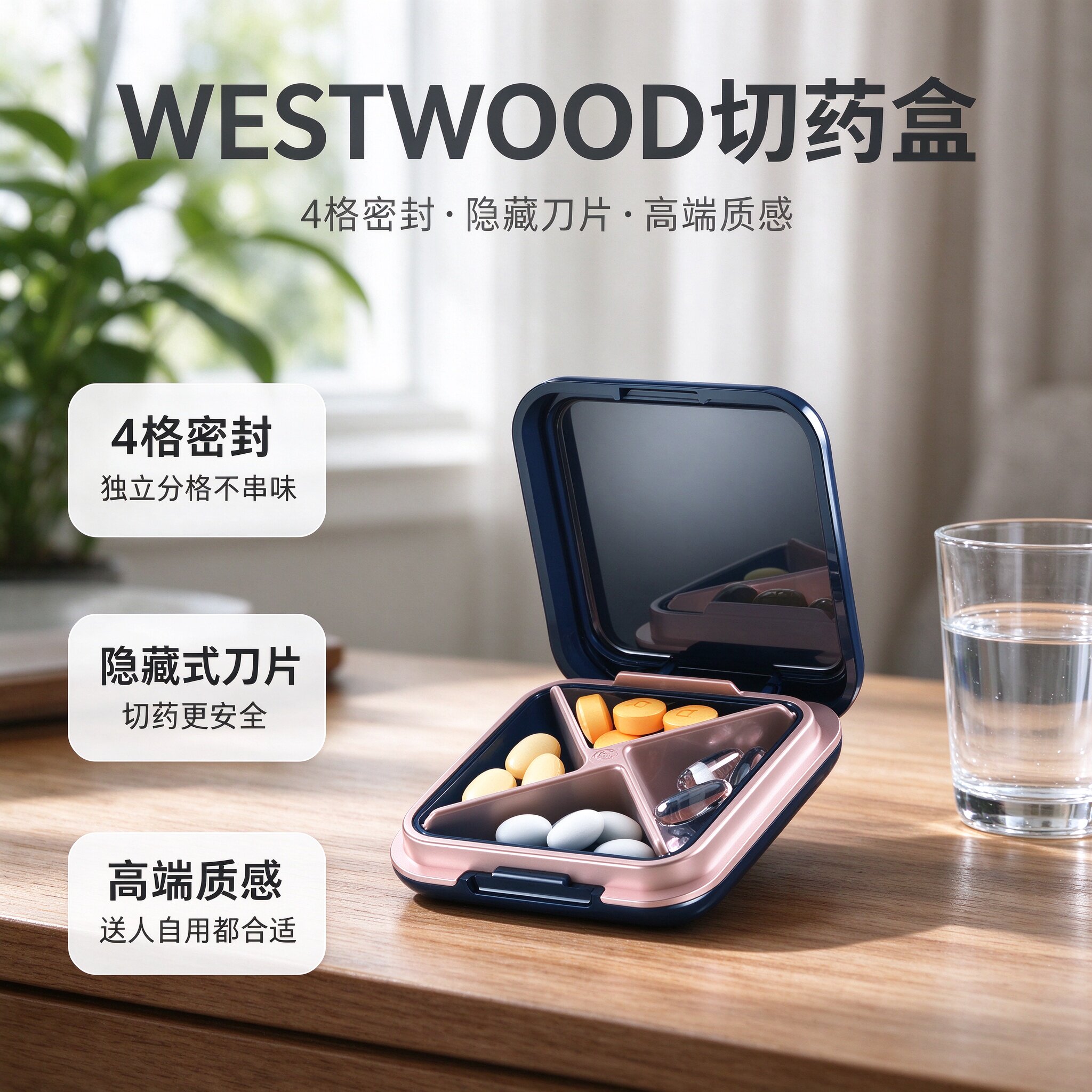 分格西药盒高档密封式便携式4格密封药盒隐藏刀片旅行分药器高端