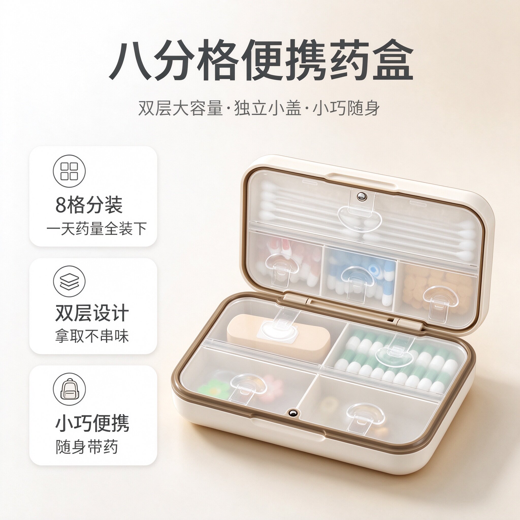 便携药盒双层8格随身分装盒独立小盖密封防潮迷你大容量老人旅行