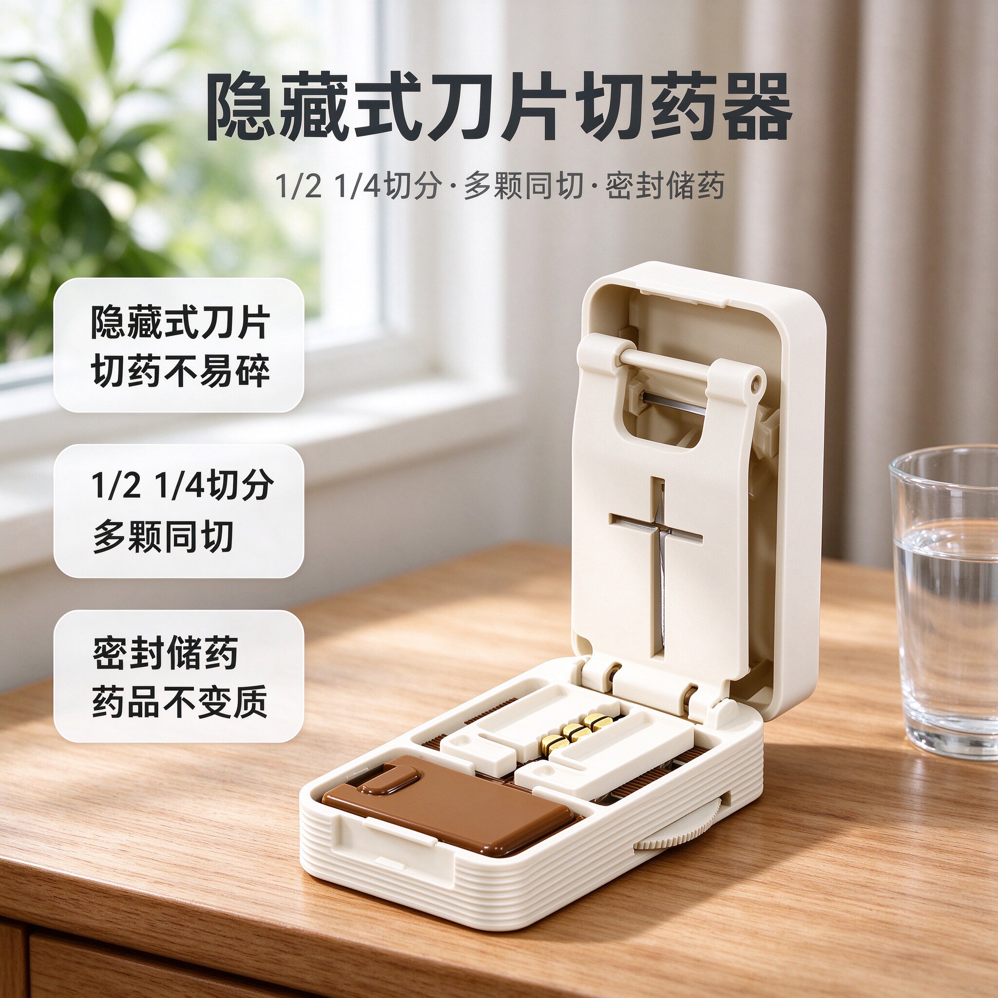切药器药片分割器1/21/4切分多颗同切隐藏式刀片密封储药老人旅行