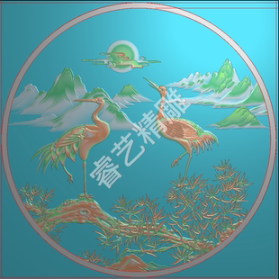山水石雕木雕圆形松鹤屏挂匾挂屏圆盘转盘精雕图灰度图H147