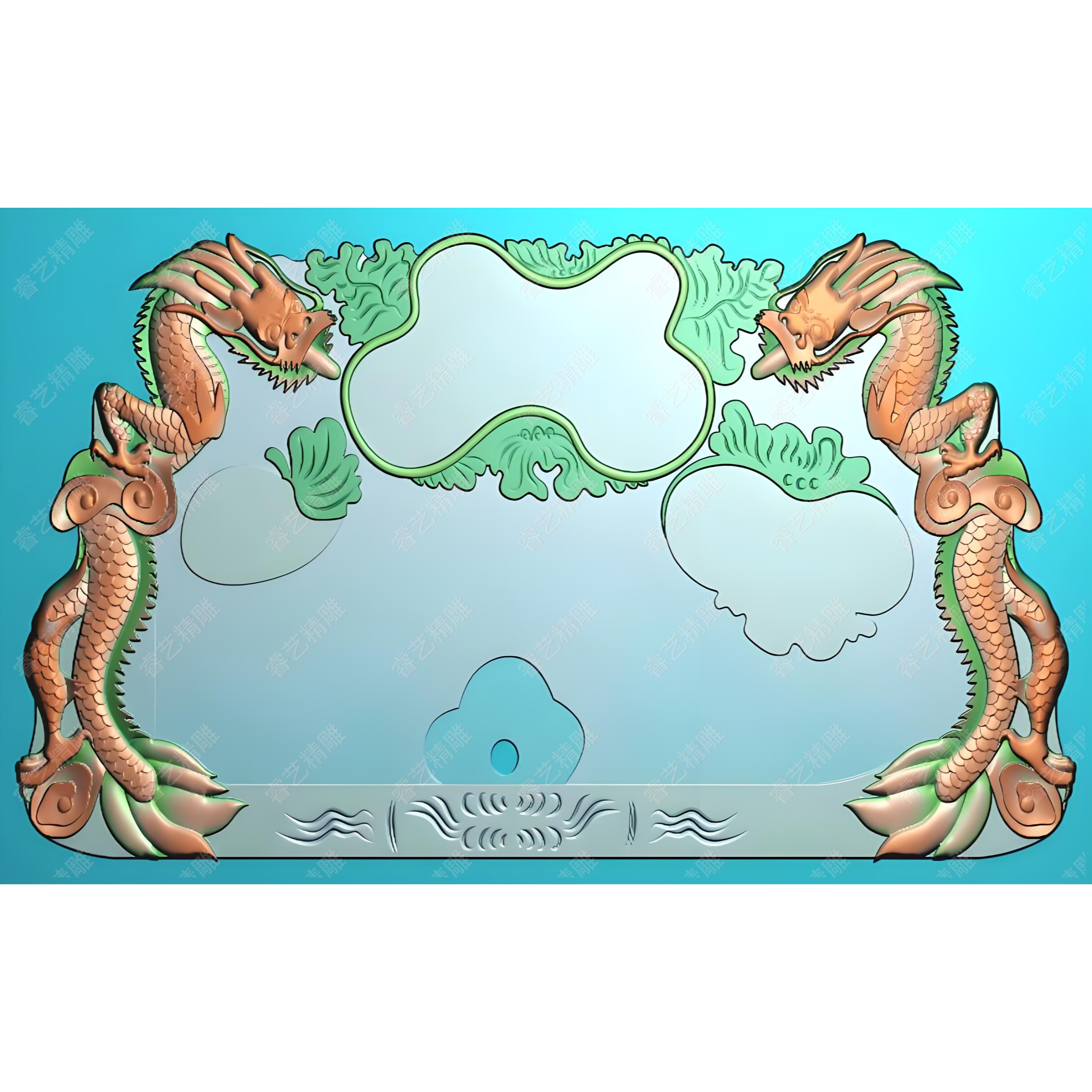 双龙茶盘带线木雕精雕图JDP浮雕图灰度图BMP电脑雕刻图CP3