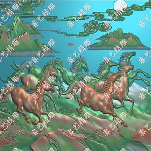 方形山水八骏图马方屏挂匾挂屏精雕图灰度图马085