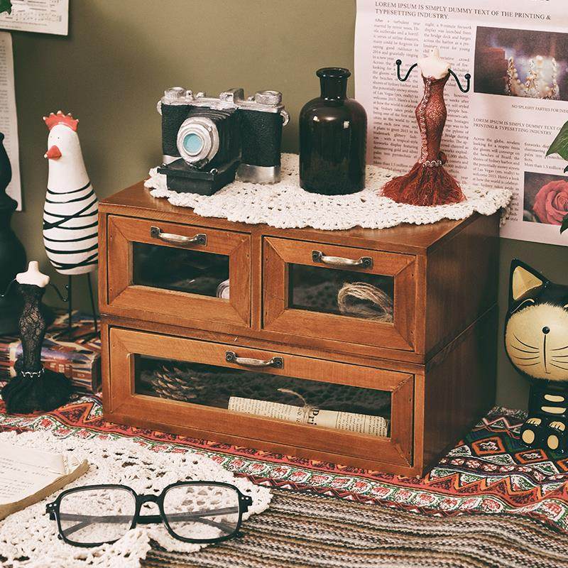 书桌复古桌面收纳盒抽屉式化妆品柜木质储物盒宿舍桌上胶带置物架