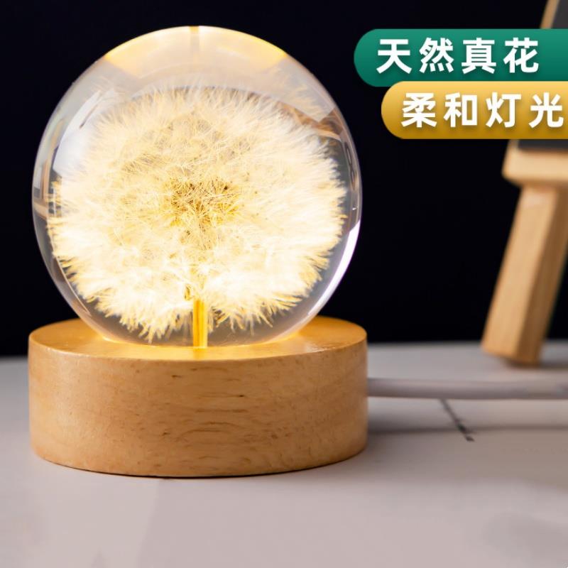 蒲公英水晶球小夜灯摆件干花标本发光永生花女生女孩女友生日礼物