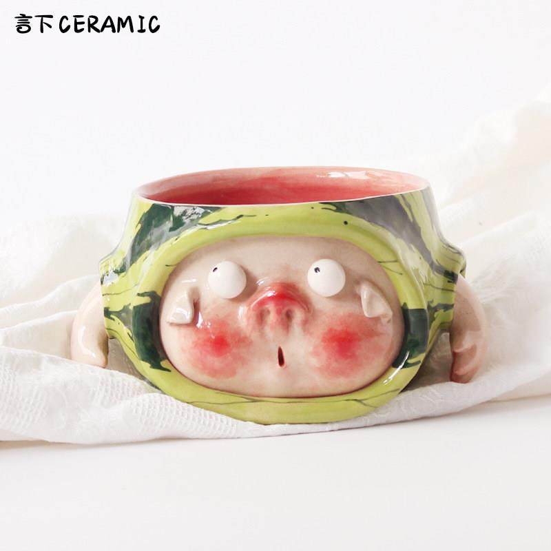言下餐饮具西瓜修补程式可爱猪猪小手碗粉色手工小众景德镇釉下彩