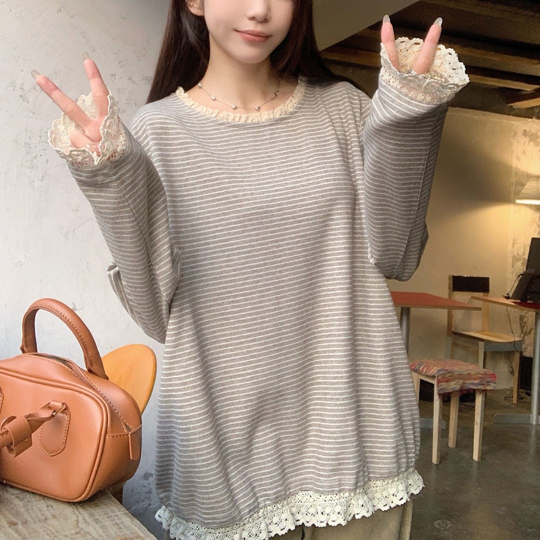 实拍特价280克仿羊绒长袖t恤打底衫女装薄款蕾丝花边春秋圆领上衣