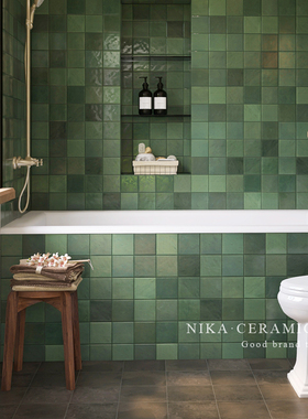 佛山绿色渐变复古手工小方砖卫生间浴室墙砖厨房吧台背景墙瓷砖