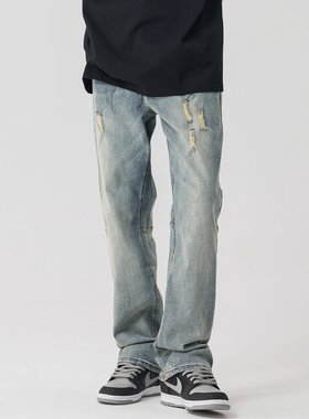 ［DRKK］XINYINSU水洗浅蓝做旧牛仔裤直筒破洞弹力美式高街长裤