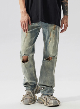 ［DRKK］PilotDragon破洞牛仔裤男手工磨破宽松直筒休闲vibe裤子