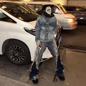 23ss水洗渐变蓝拉链香蕉飘带牛仔裤 DRKK 喇叭堆积拖地男女长裤