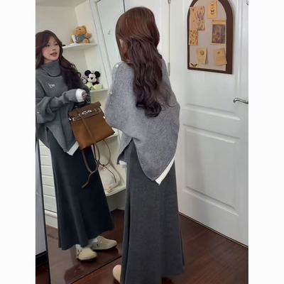 法式灰色不规则针织毛衣套装裙子