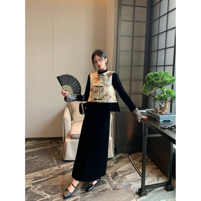 新中式国风旗袍马甲连衣裙套装女