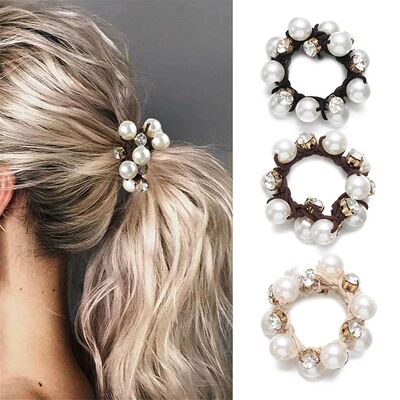 3pcs Paux Pearl Brimmed Hair Tie Glitter Rhinestone Decor Ha