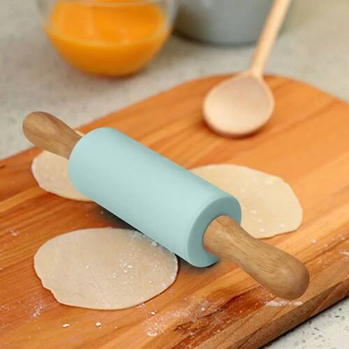 Non-Stick Silicone Rolling Pin Wooden Handle Pastry Dough Fl