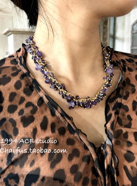 中式复古紫色碎石流苏项链