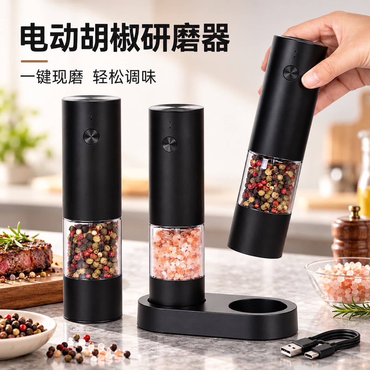 电动胡椒粒研磨器厨房调料研磨瓶