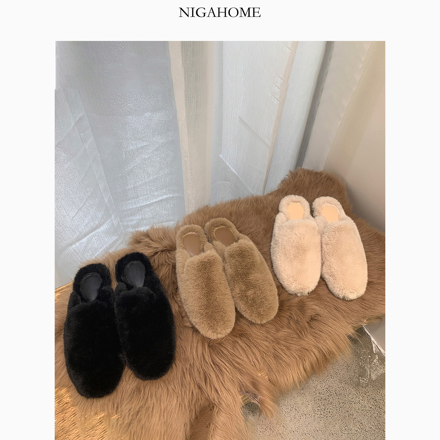 Niga Home人造皮草露跟拖鞋水貂毛包头毛毛外穿加拖鞋11003600100