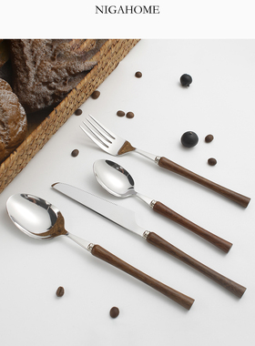 NigaHome 木质手柄不锈钢餐具家用刀叉勺子4件套装 48206311052