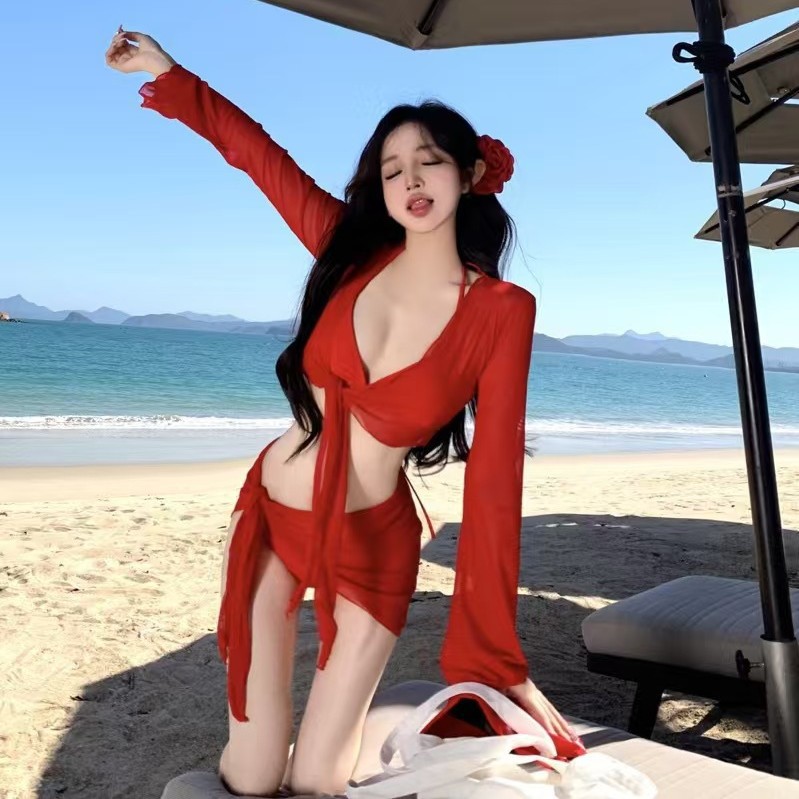 2025新款巴厘岛度假泰国红色比基尼四件套显瘦遮肉分体泳衣女显白