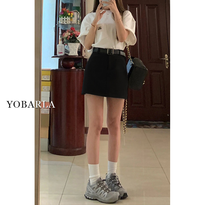 黑色休闲西装短裙女夏季大码胖mm高腰显瘦梨形身材遮胯a字半身裙