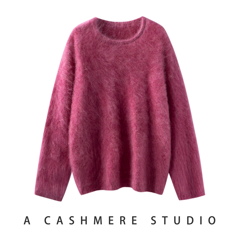 100%纯山羊绒衫女圆领时尚拉绒