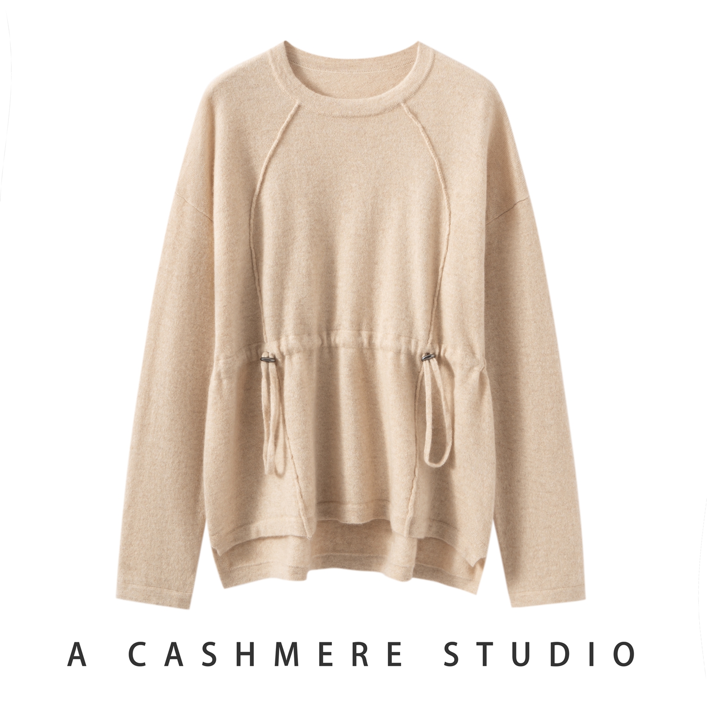 100%纯山羊绒衫女腰身抽绳圆领