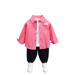男童套装春秋款儿童帅气牛仔裤粉色衬衣小男孩痞帅衬衫两件套时髦