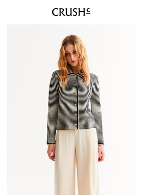陈妍希同款CRUSH Collection2026早春新款条纹手勾边开衫翻领衬衫