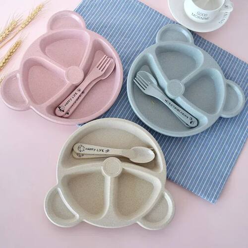 3Pcs/set Wheat Straw Baby Dishes Cartoon Tableware Set Kids