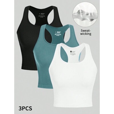 3 Piece Yoga Vest Women Gym Sports Racerback Crop Tops Seaml