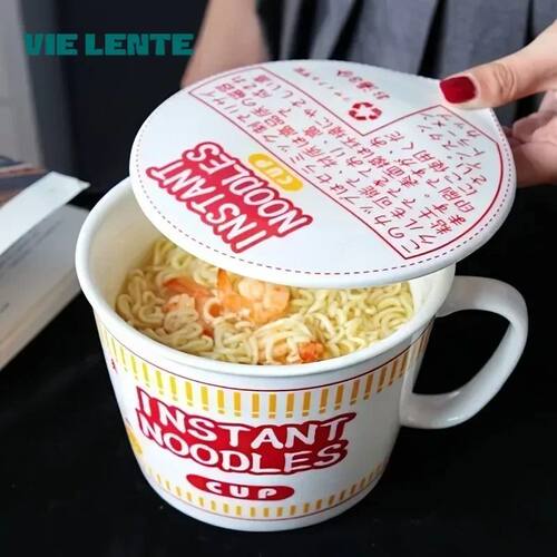 1pc Large Capacity Ceramic Instant Noodle Bowl with Cover，P