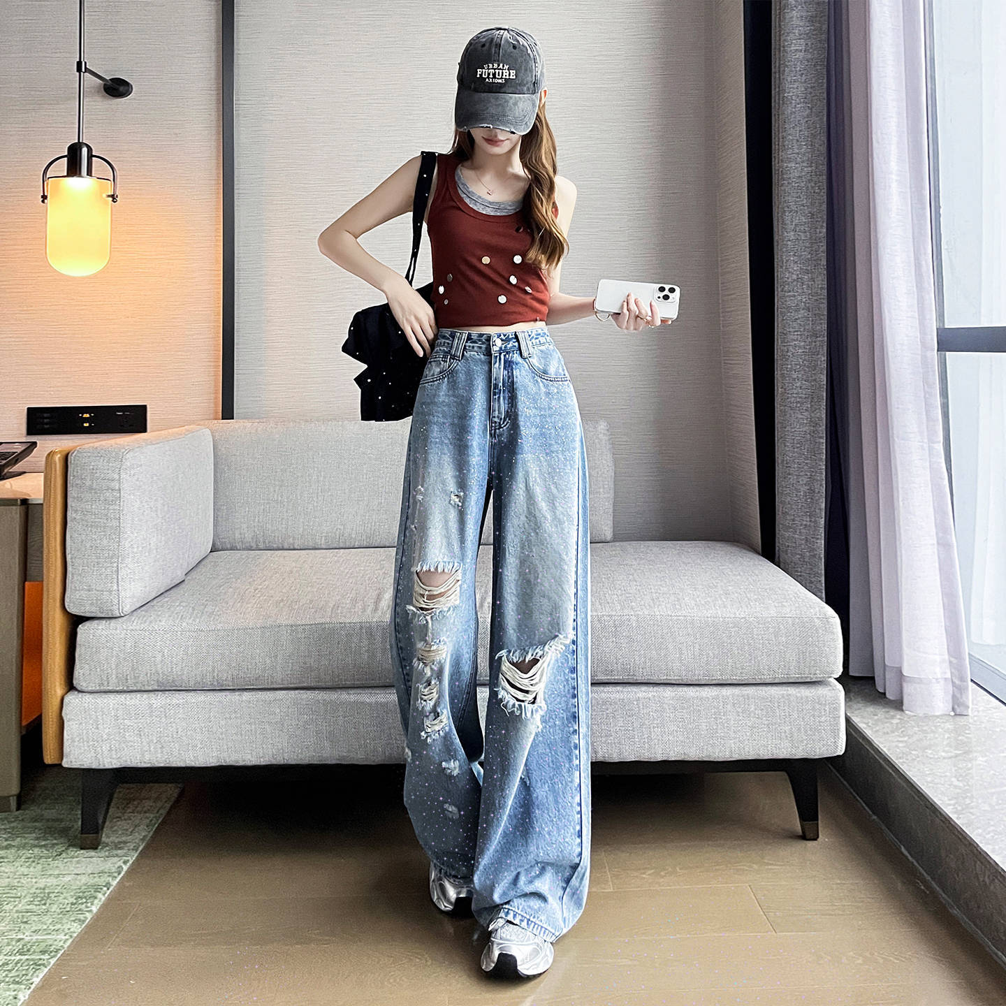 闪片烂破洞牛仔裤女2026春夏新款高腰宽松显瘦流行垂感阔腿拖地裤