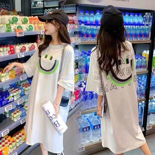 连衣裙女夏2025新款休闲t恤裙子慵懒风胖m宽松大码中长款印花裙女