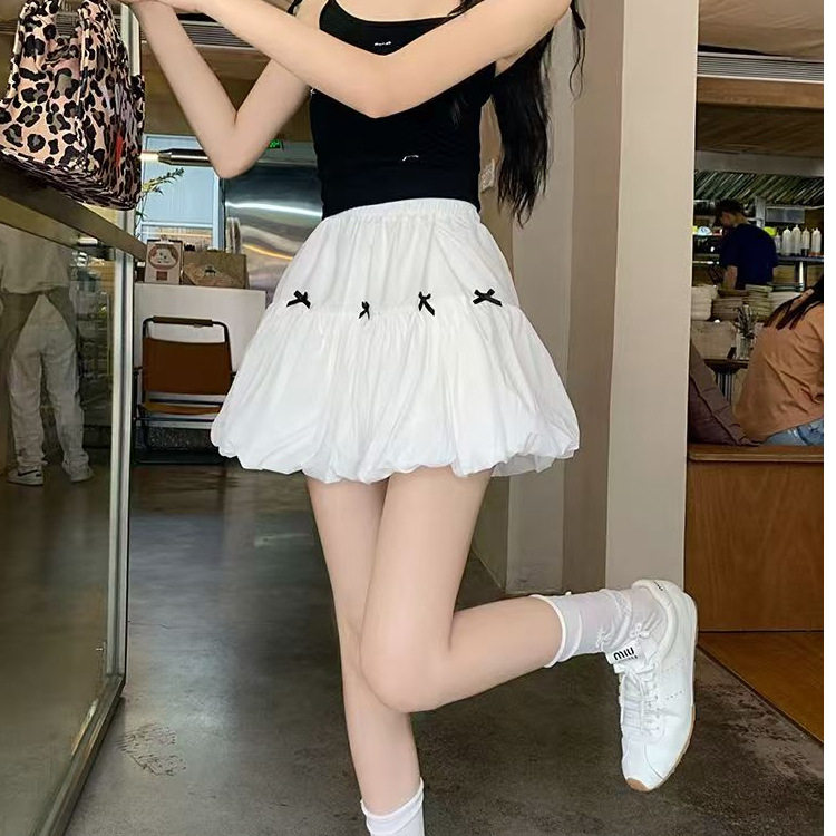 蝴蝶结松紧高腰花苞白色半身裙女夏季甜美小个子显瘦百搭a字短裙