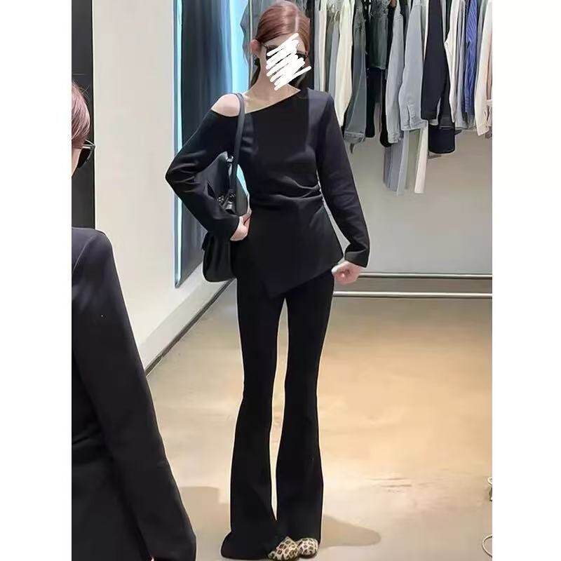 时尚气质纯欲斜肩上衣微喇裤子套装女2026春季新款显瘦两件套女装