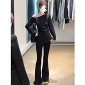 新款 女2026春季 子套装 显瘦两件套女装 时尚 气质纯欲斜肩上衣微喇裤