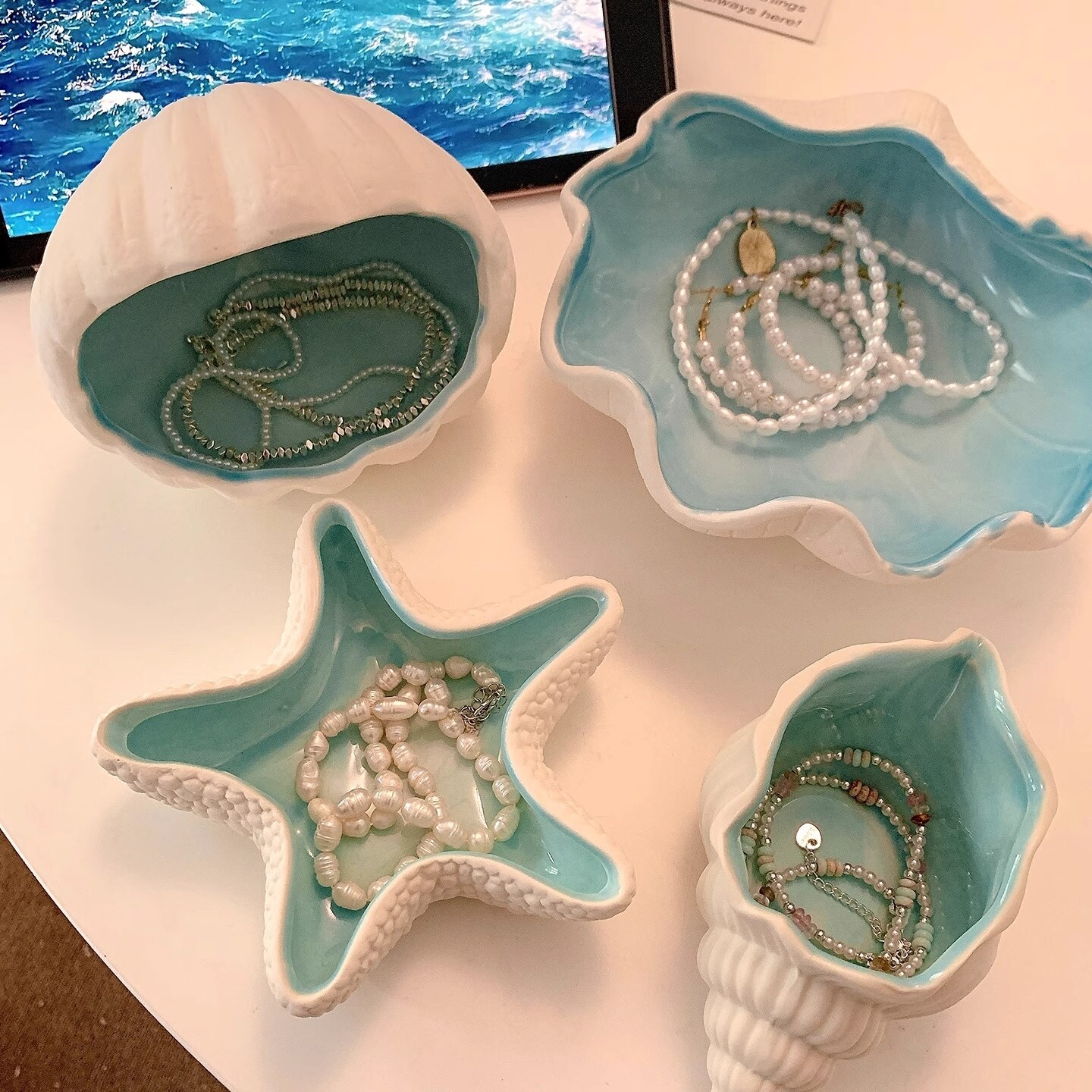 海洋风贝壳海螺海星陶瓷首饰盒项链戒指耳钉手饰品收纳盒桌面摆件