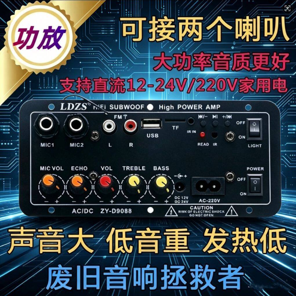 广场舞双话筒卡拉OK功放板内置蓝牙收音可调混响12V24V220V通用