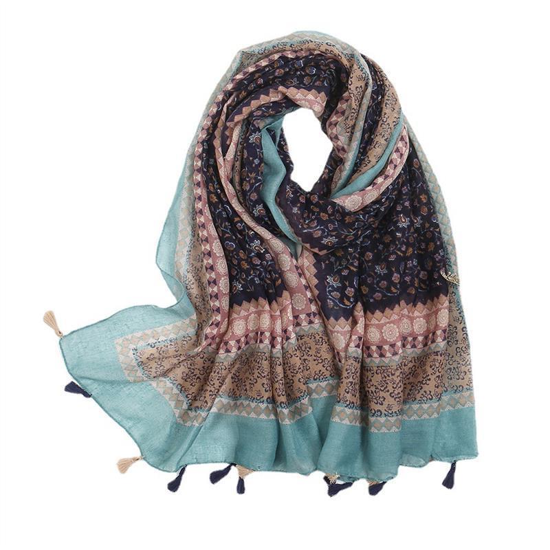Cotton and linen ethnic style retro printed geometric scarf