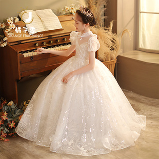 儿童主持人走秀晚礼服女童钢琴演出服高端花童婚礼小女孩公主裙秋